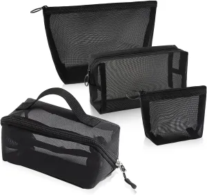 4 Piece Mesh Cosmetic Bag Set, Makeup Pouches, Zipper Pouches for Toiletries, Black (4, black)