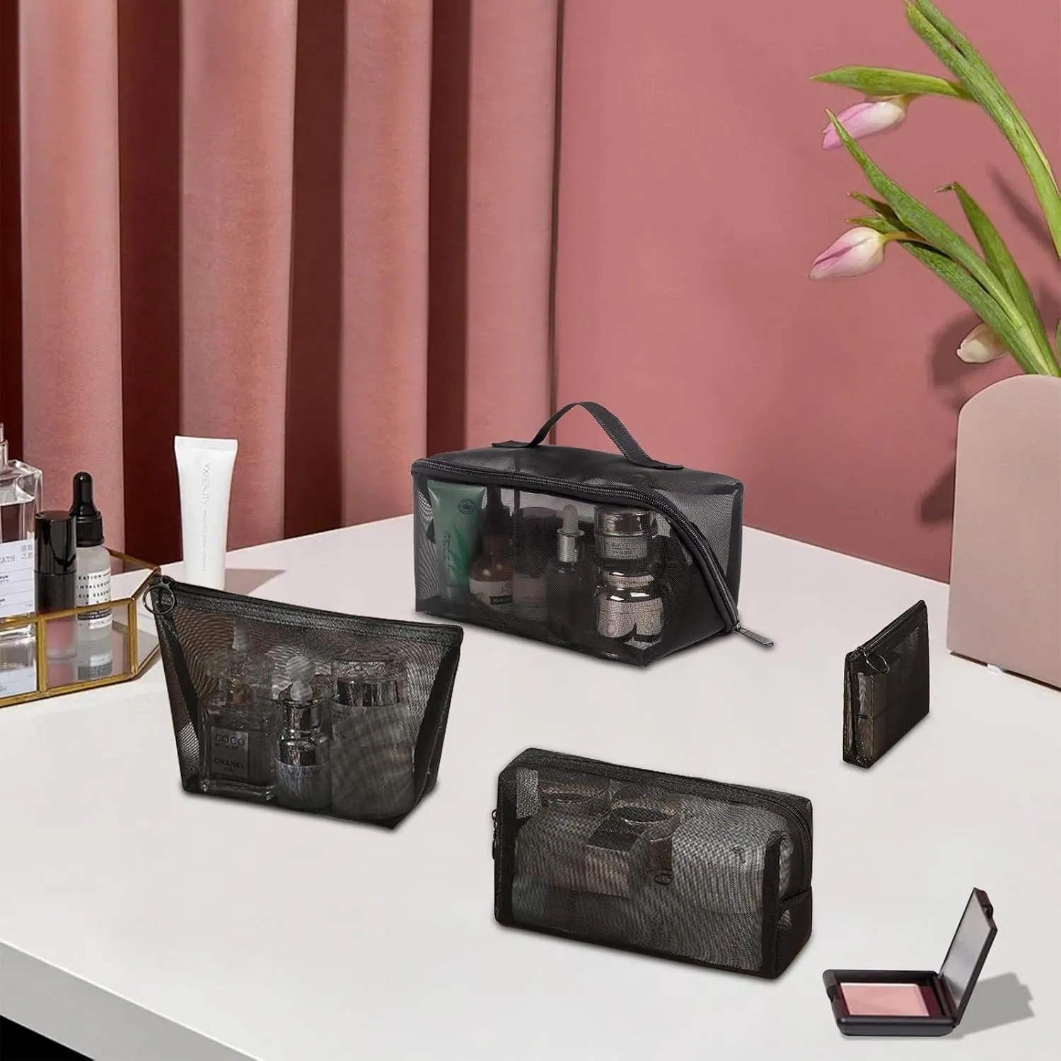 4 Piece Mesh Cosmetic Bag Set, Makeup Pouches, Zipper Pouches for Toiletries, Black (4, black)