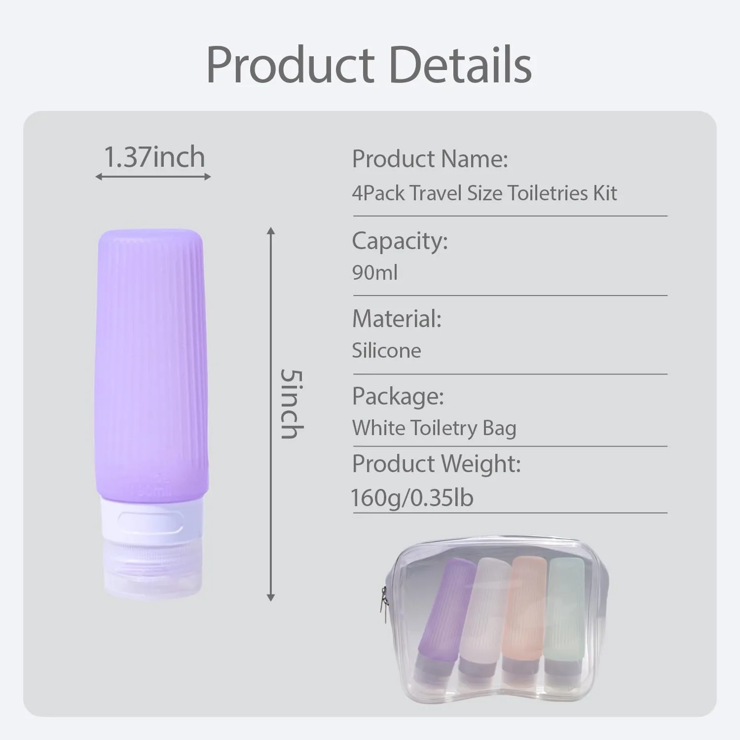 4Pack Travel Size Toiletries Kit - TSA Approved 3oz Leak Proof Refillable Travel Bottles for Toiletries | Essential Travel Containers with Toiletry Bag Stripe
