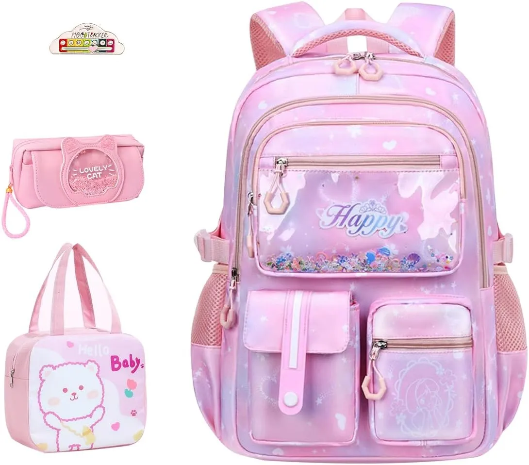 4Pcs Pink Girls Backpacks - Sequin Girls Bookbag Kawaii Bookbag School Shoulders Laptop Bag Daypacks for Students Teen Kids Casual Travel (Pink)