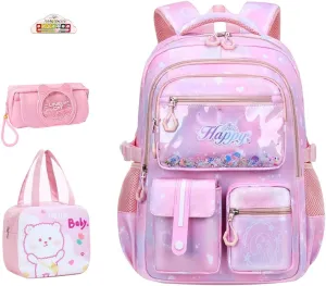 4Pcs Pink Girls Backpacks - Sequin Girls Bookbag Kawaii Bookbag School Shoulders Laptop Bag Daypacks for Students Teen Kids Casual Travel (Pink)