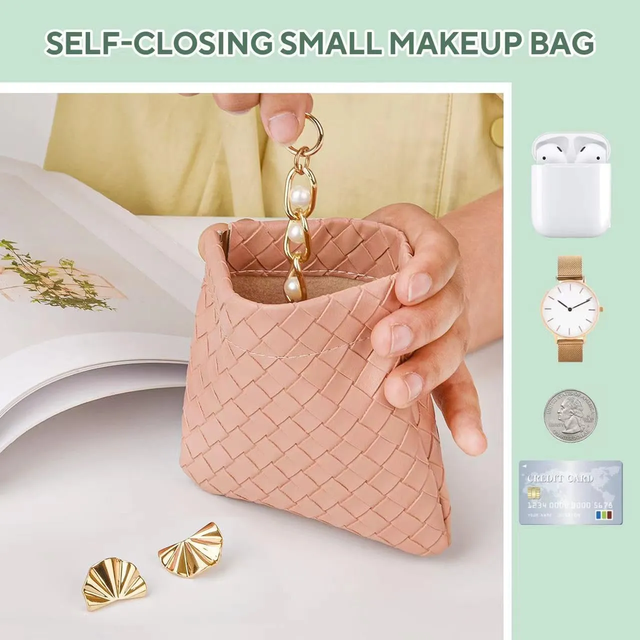 4PCS Small Makeup Bag for PurseWaterproof Leather Portable Mini Makeup Bag,Snap Closure Organizer Pouch for Coins Cards Jewelry Lipstick Cosmetic AccessoriesSmall Travel Kit Storage Pouch