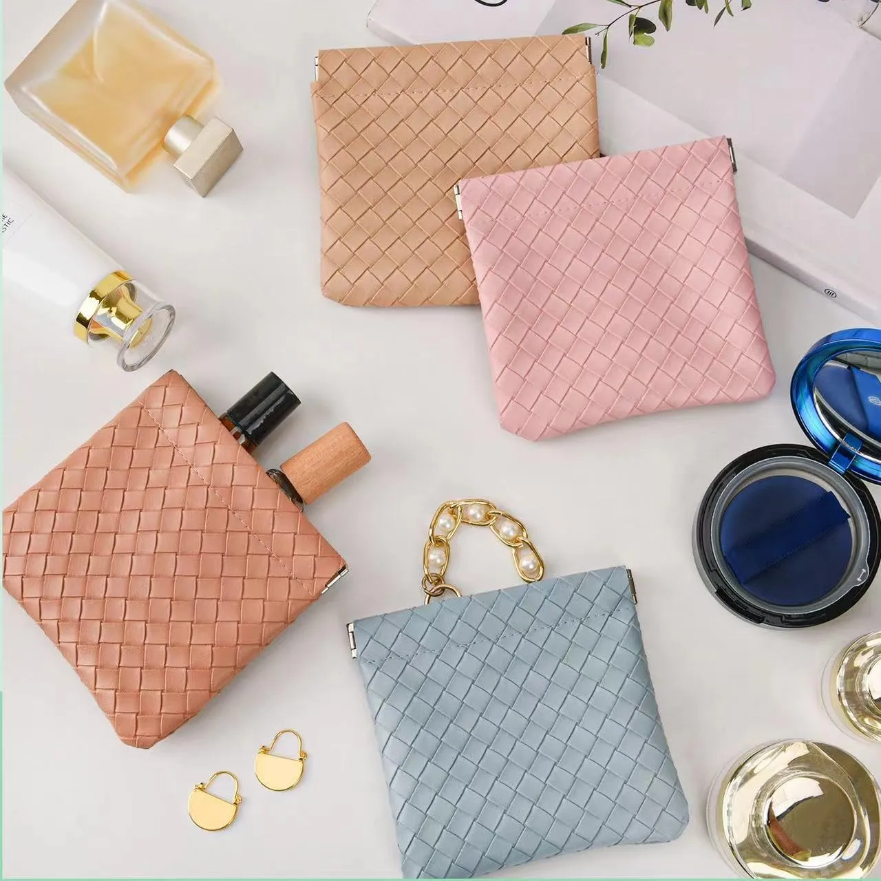 4PCS Small Makeup Bag for PurseWaterproof Leather Portable Mini Makeup Bag,Snap Closure Organizer Pouch for Coins Cards Jewelry Lipstick Cosmetic AccessoriesSmall Travel Kit Storage Pouch