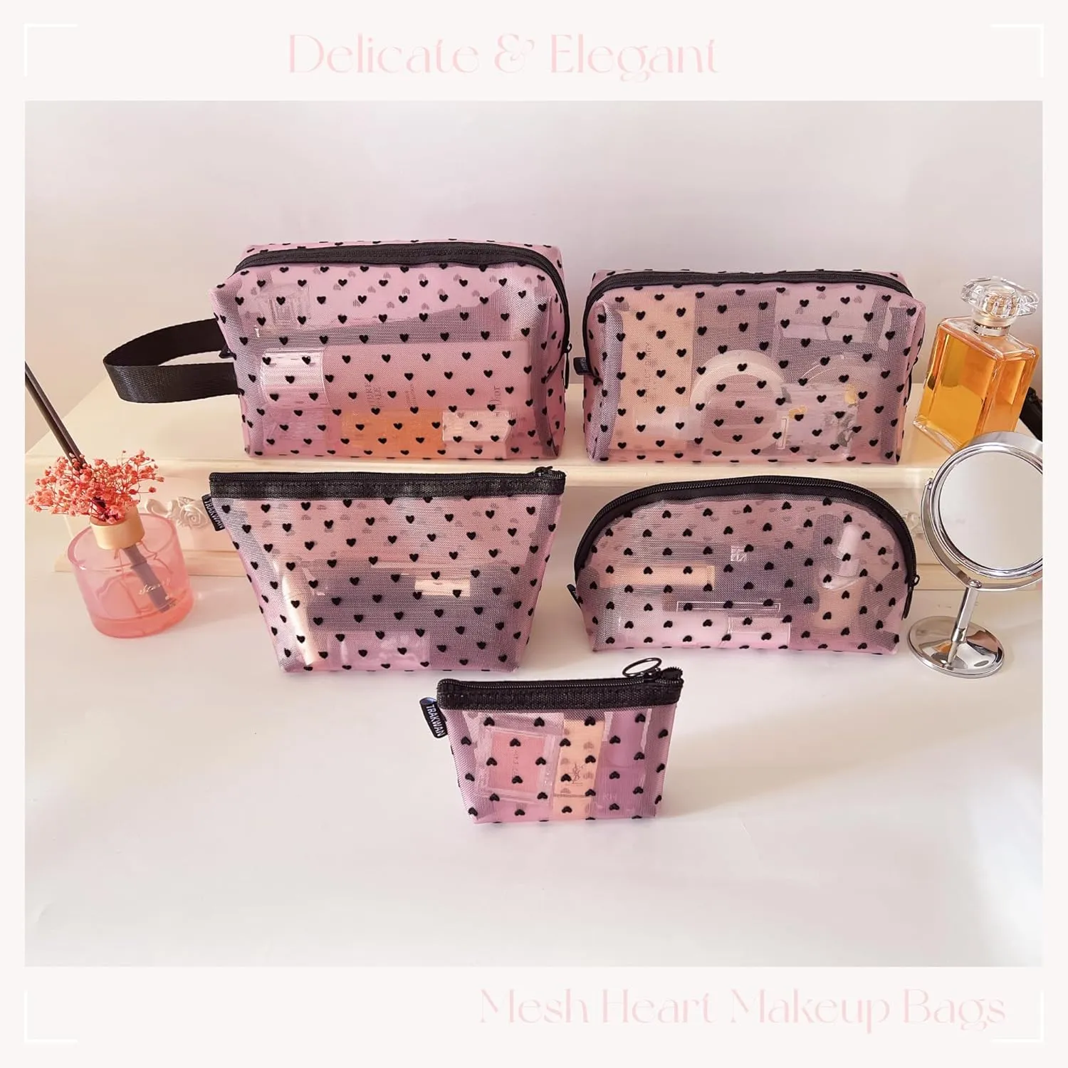 5 Pieces Mesh Heart Makeup Bags Sets, Zipper Mesh Cosmetic Bag Toiletry Bag, Travel Makeup Bags for Women, Small Items Storage Organizer Bags for Home Office Travel (Pink)