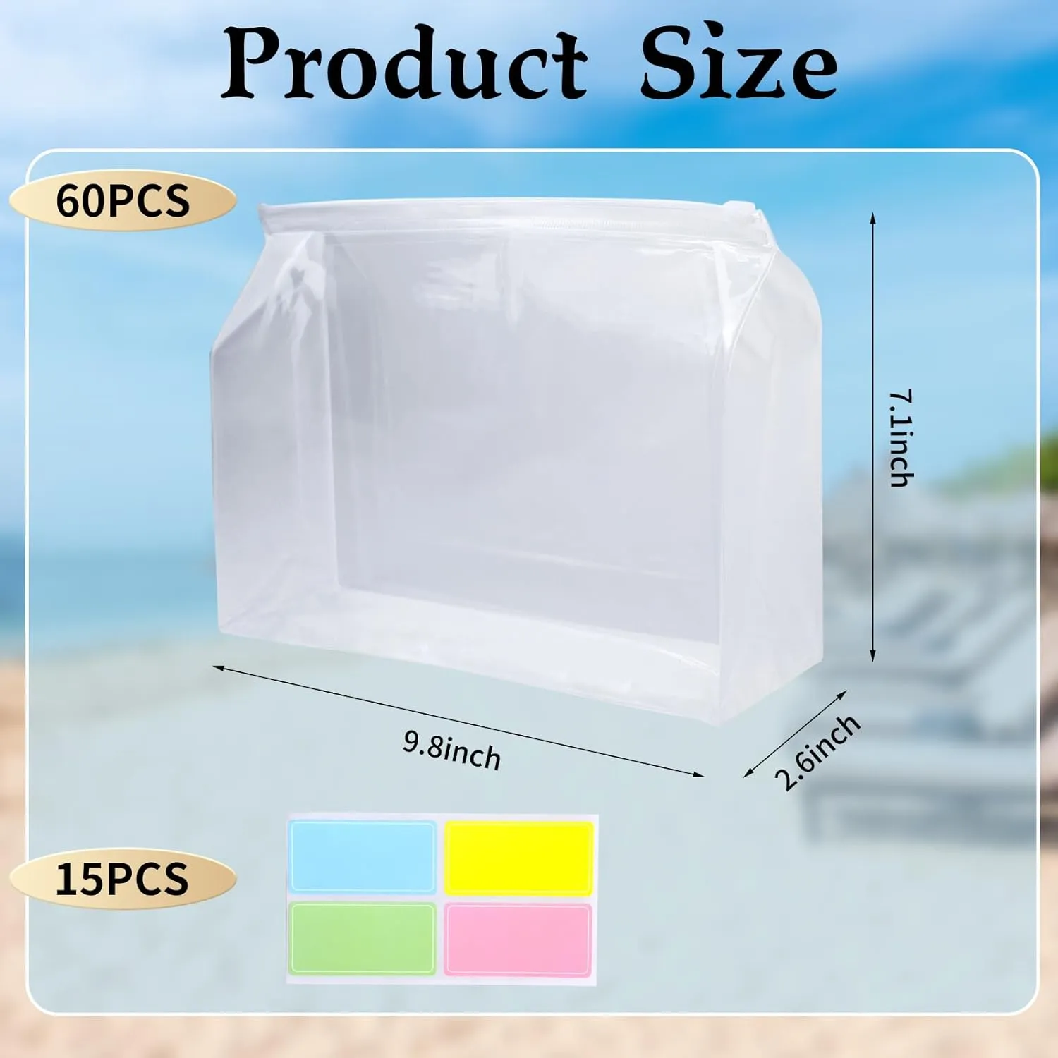 60 Pcs Mini Clear Makeup Bag 9.8 x 7.1 x 2.6 Inch Toiletry Organizer Pouches with 60 Labels Small PVC Waterproof Cosmetic Bags Transparent Zipper Bag for Organizing Women Men Travel Vacation Supplies