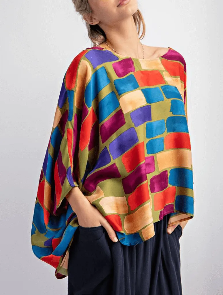Abstract Printed Satin Poncho Top