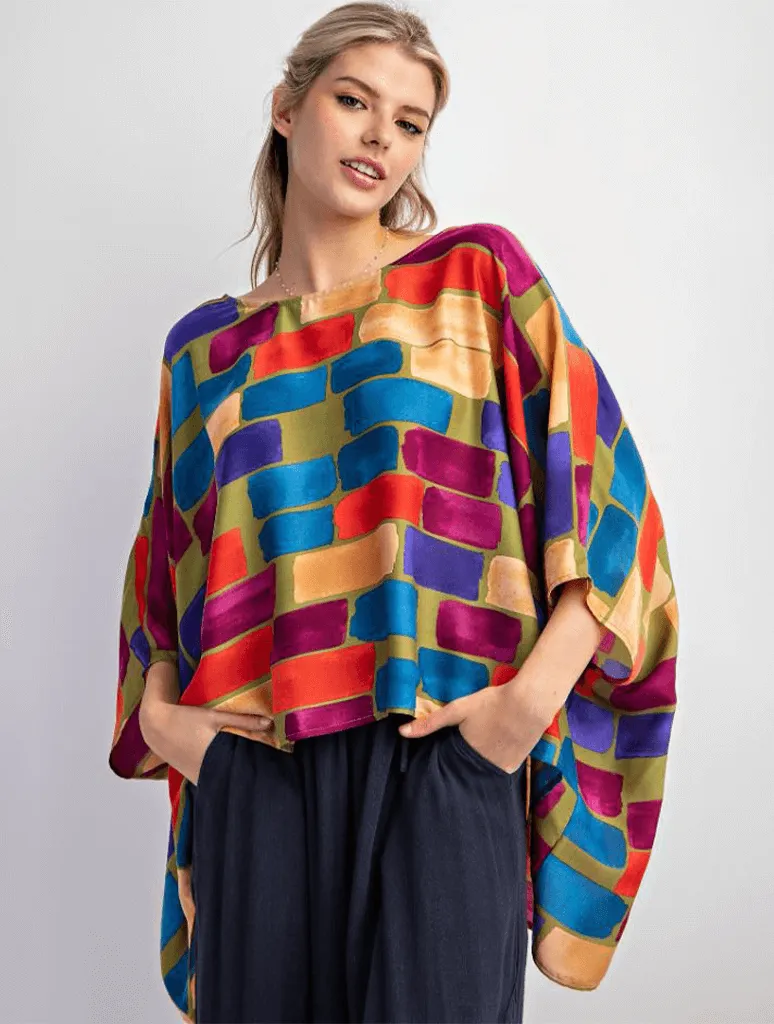 Abstract Printed Satin Poncho Top