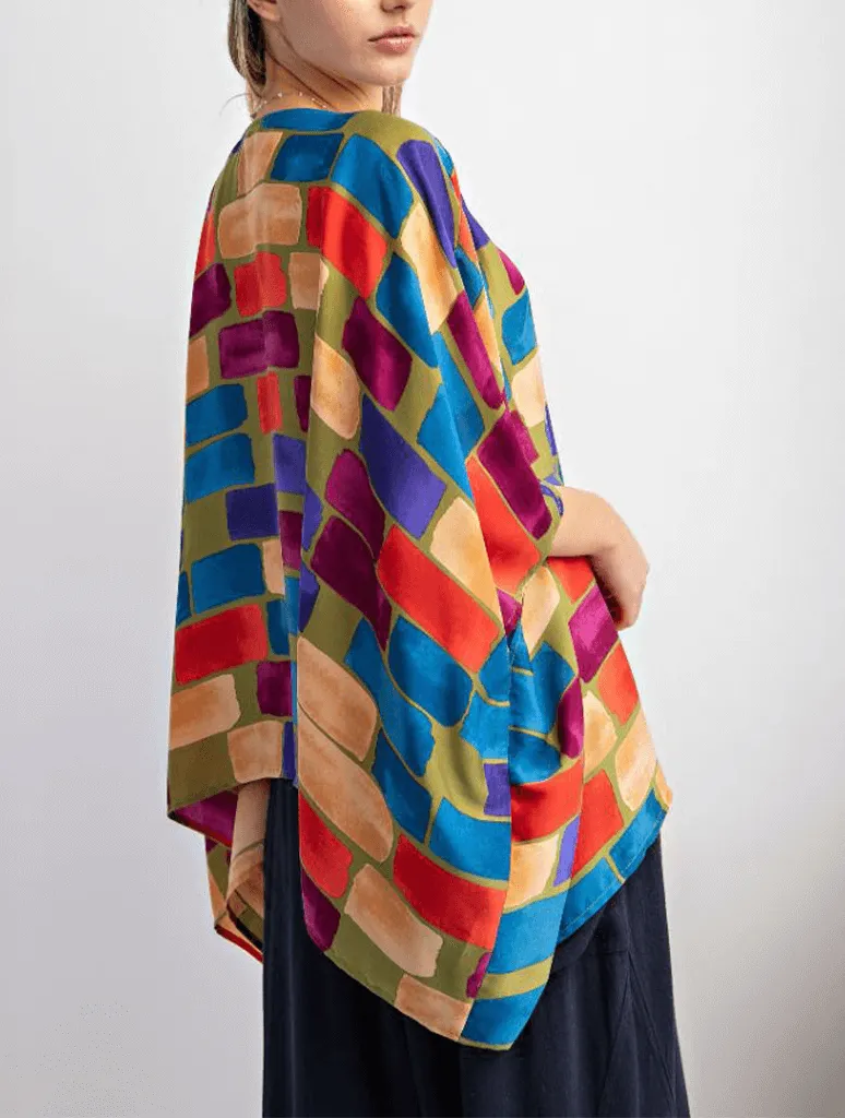 Abstract Printed Satin Poncho Top