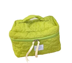Aesthetic Cotton Quilted Makeup Bag, Large Travel Organizer Toiletry Bag, Kawaii Cosmetic Bags with Zipper, Cute Pouch Tote Purse for Women (Green-L)