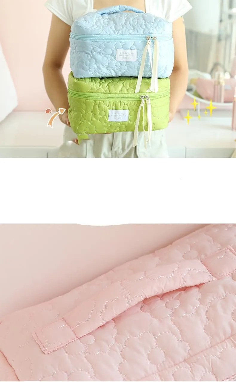 Aesthetic Cotton Quilted Makeup Bag, Large Travel Organizer Toiletry Bag, Kawaii Cosmetic Bags with Zipper, Cute Pouch Tote Purse for Women (Green-L)