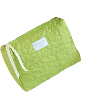Aesthetic Cotton Quilted Makeup Bag, Large Travel Organizer Toiletry Bag, Kawaii Cosmetic Bags with Zipper, Cute Pouch Tote Purse for Women (Green-M)