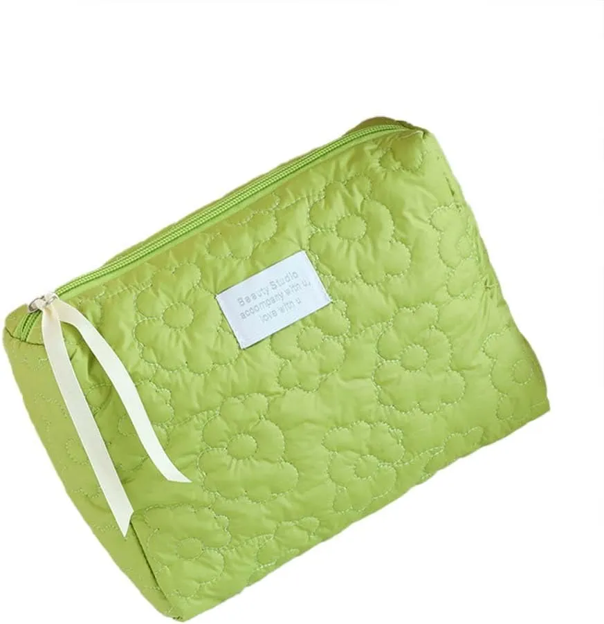Aesthetic Cotton Quilted Makeup Bag, Large Travel Organizer Toiletry Bag, Kawaii Cosmetic Bags with Zipper, Cute Pouch Tote Purse for Women (Green-M)