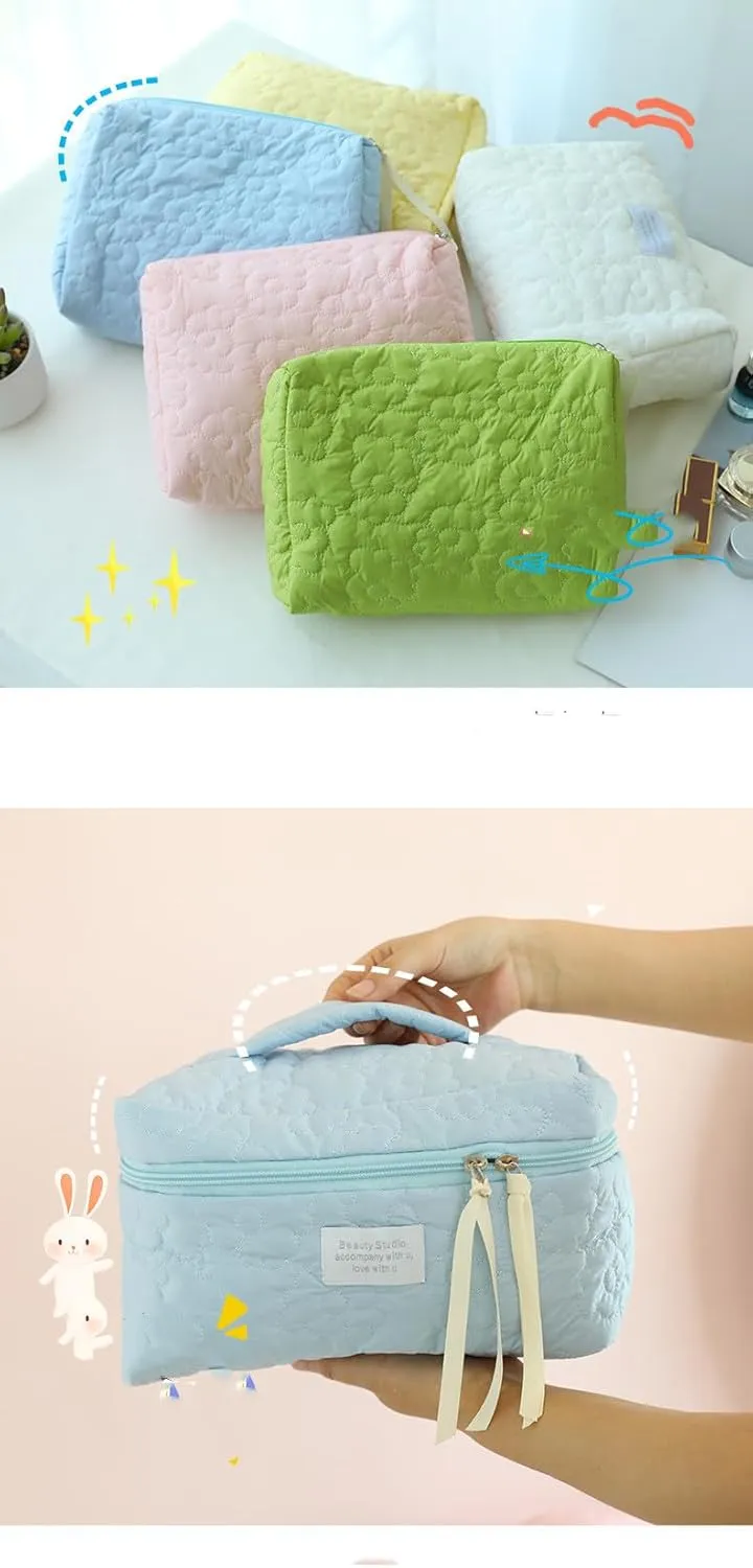 Aesthetic Cotton Quilted Makeup Bag, Large Travel Organizer Toiletry Bag, Kawaii Cosmetic Bags with Zipper, Cute Pouch Tote Purse for Women (Green-M)