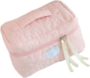 Aesthetic Cotton Quilted Makeup Bag, Large Travel Organizer Toiletry Bag, Kawaii Cosmetic Bags with Zipper, Cute Pouch Tote Purse for Women (Pink-L)