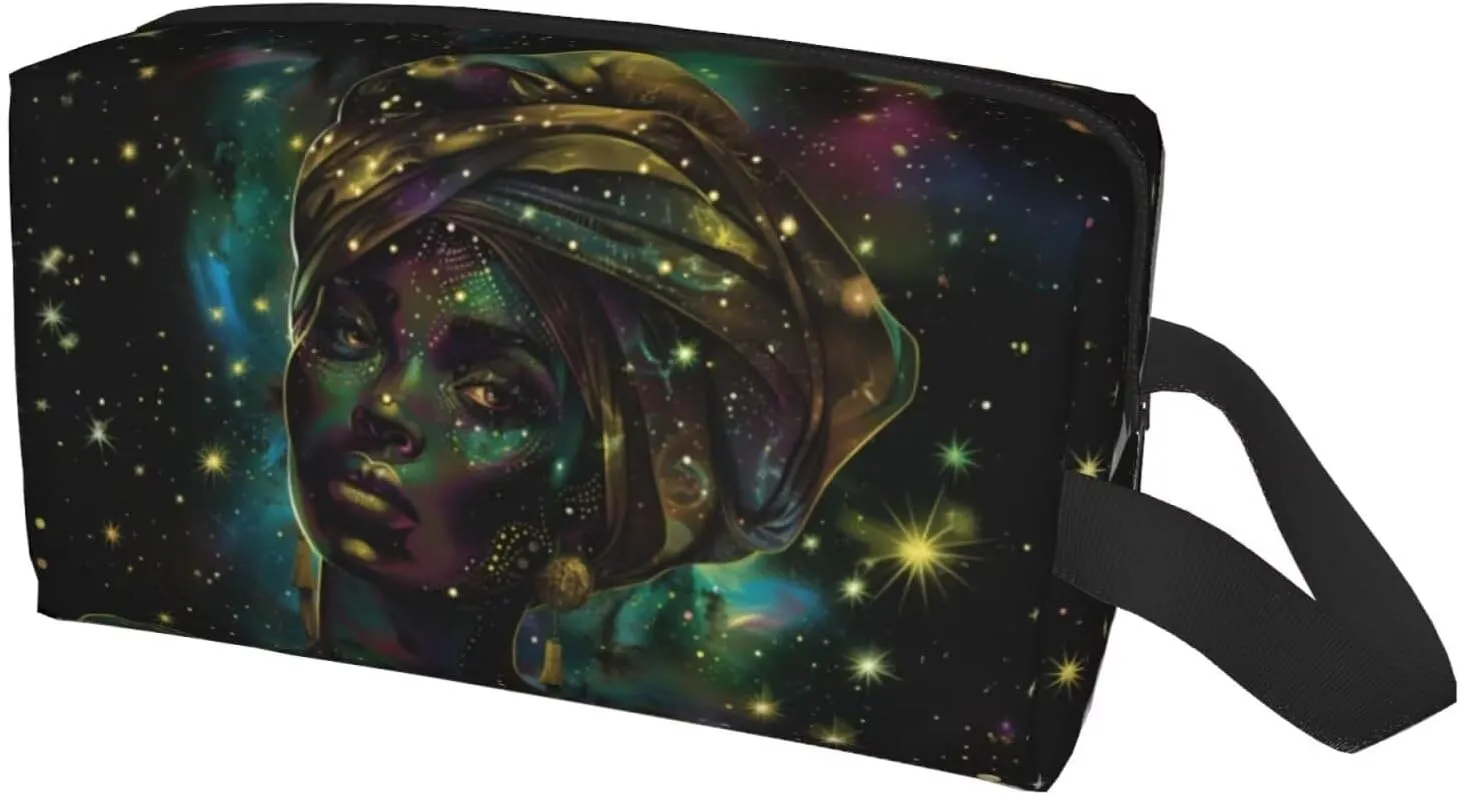 African Women Makeup Bag African American Waterproof Canvas Cloth Cosmetic Pouch Toiletry Bag Travel Storage Organizer for Women, Green Galaxy Outer Space Stars Coin Pouch