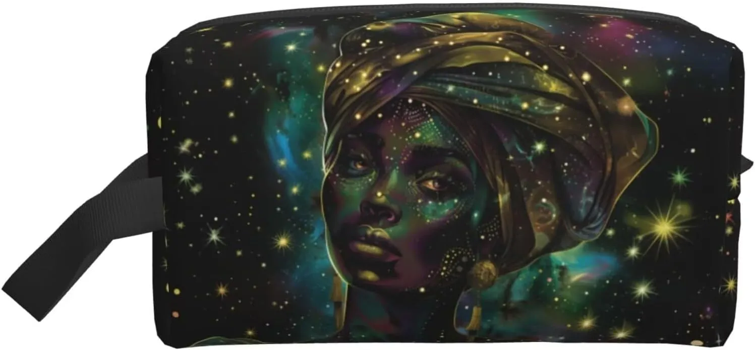 African Women Makeup Bag African American Waterproof Canvas Cloth Cosmetic Pouch Toiletry Bag Travel Storage Organizer for Women, Green Galaxy Outer Space Stars Coin Pouch