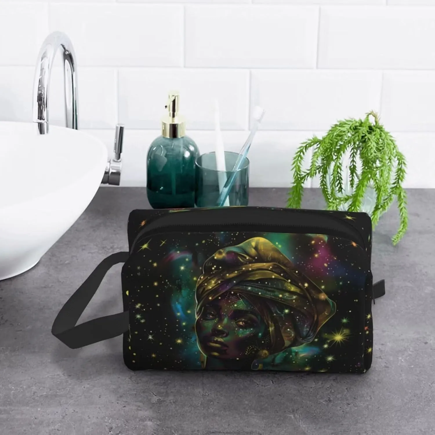 African Women Makeup Bag African American Waterproof Canvas Cloth Cosmetic Pouch Toiletry Bag Travel Storage Organizer for Women, Green Galaxy Outer Space Stars Coin Pouch