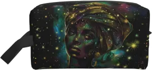 African Women Makeup Bag African American Waterproof Canvas Cloth Cosmetic Pouch Toiletry Bag Travel Storage Organizer for Women, Green Galaxy Outer Space Stars Coin Pouch