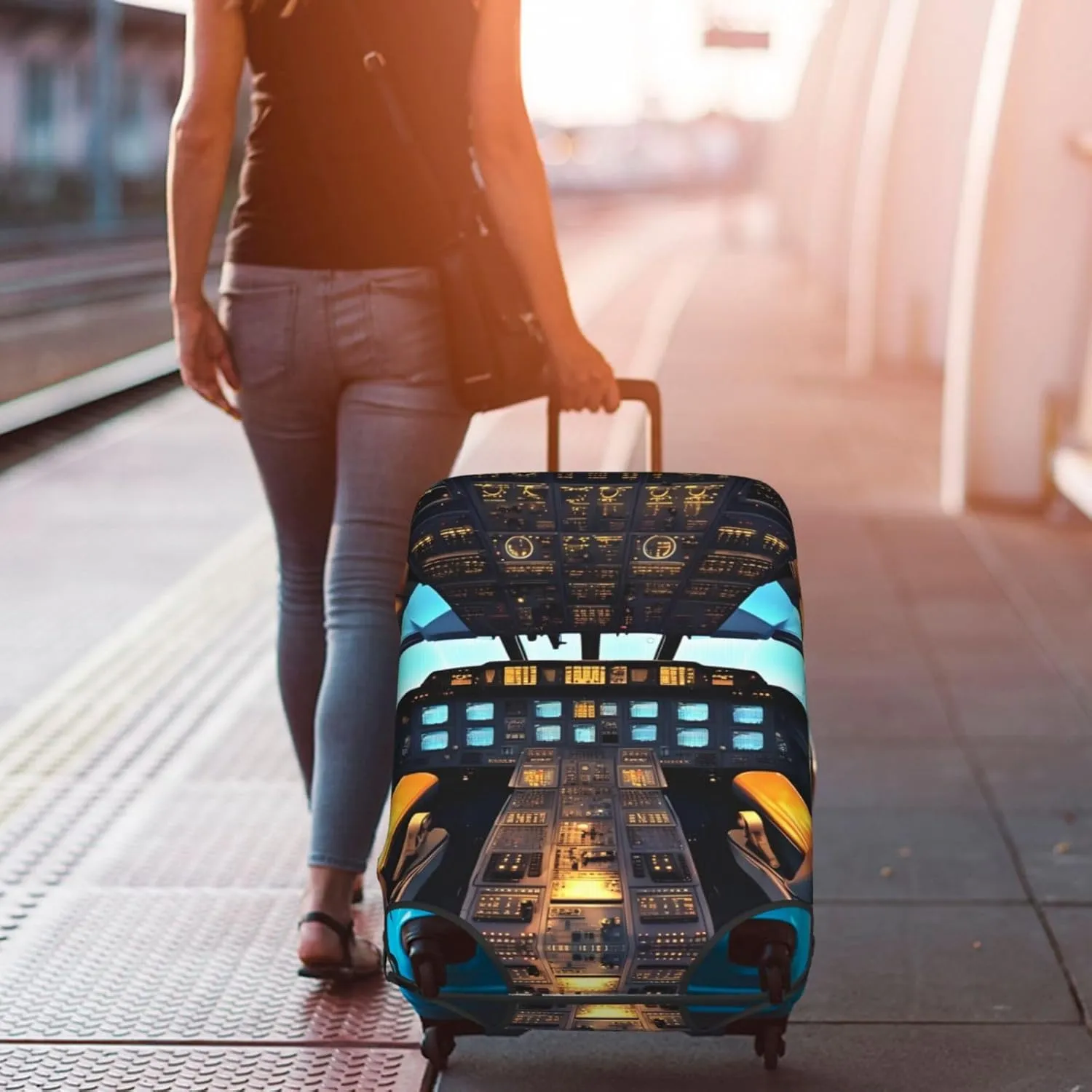 Airplane Cockpit Print Washable Suitcase Cover Protective Luggage Cover Anti Scratch Travel Gear Protector