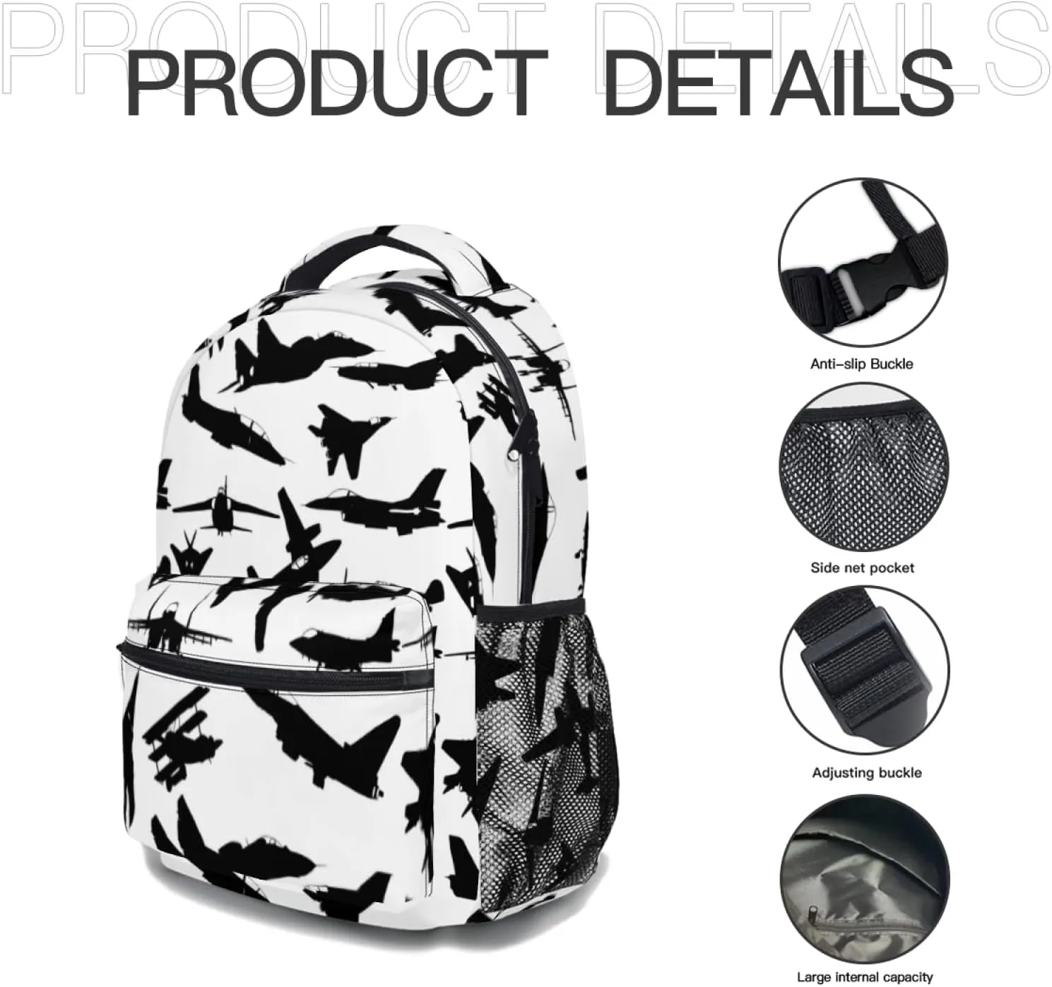 Airplane Jet Fighters Backpack With Adjustable Padded Shoulder Straps 17 Inch Daypacks For College Travel