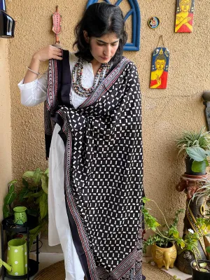 Ajrakh Silk Dupatta Black