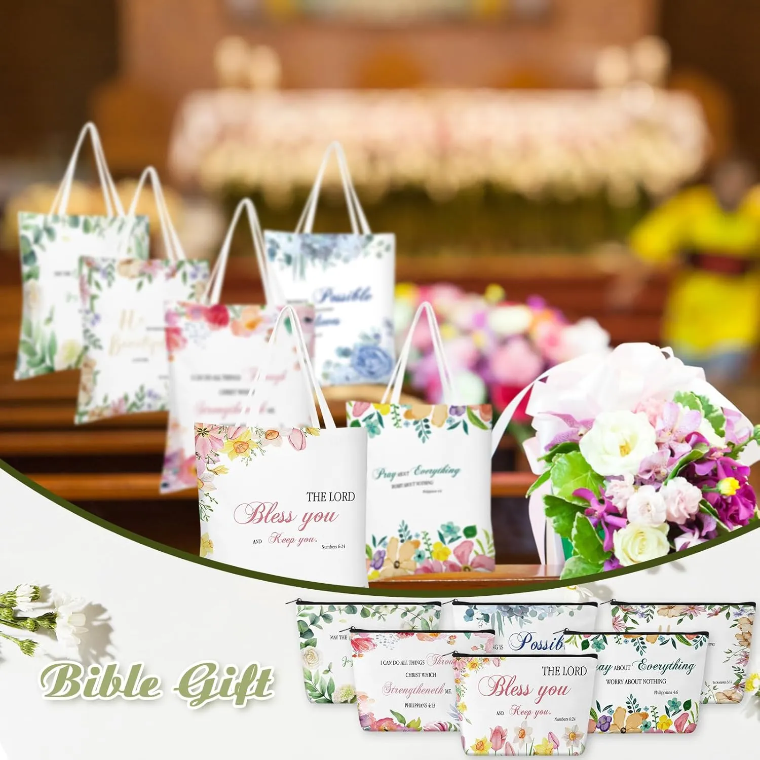 Aliceset 12 Pcs Christian Gift for Women Mother's Day Including 6 Bible Verse Tote Bags 6 Inspirational Makeup Bags with Zipper Religious Motivational Gifts for Coworkers Church(White,Colorful)