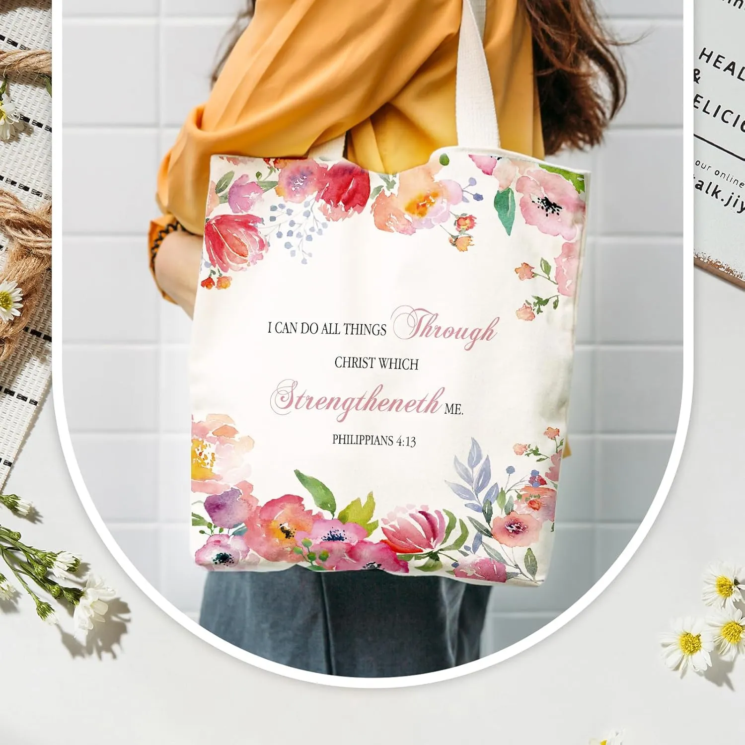 Aliceset 12 Pcs Christian Gift for Women Mother's Day Including 6 Bible Verse Tote Bags 6 Inspirational Makeup Bags with Zipper Religious Motivational Gifts for Coworkers Church(White,Colorful)
