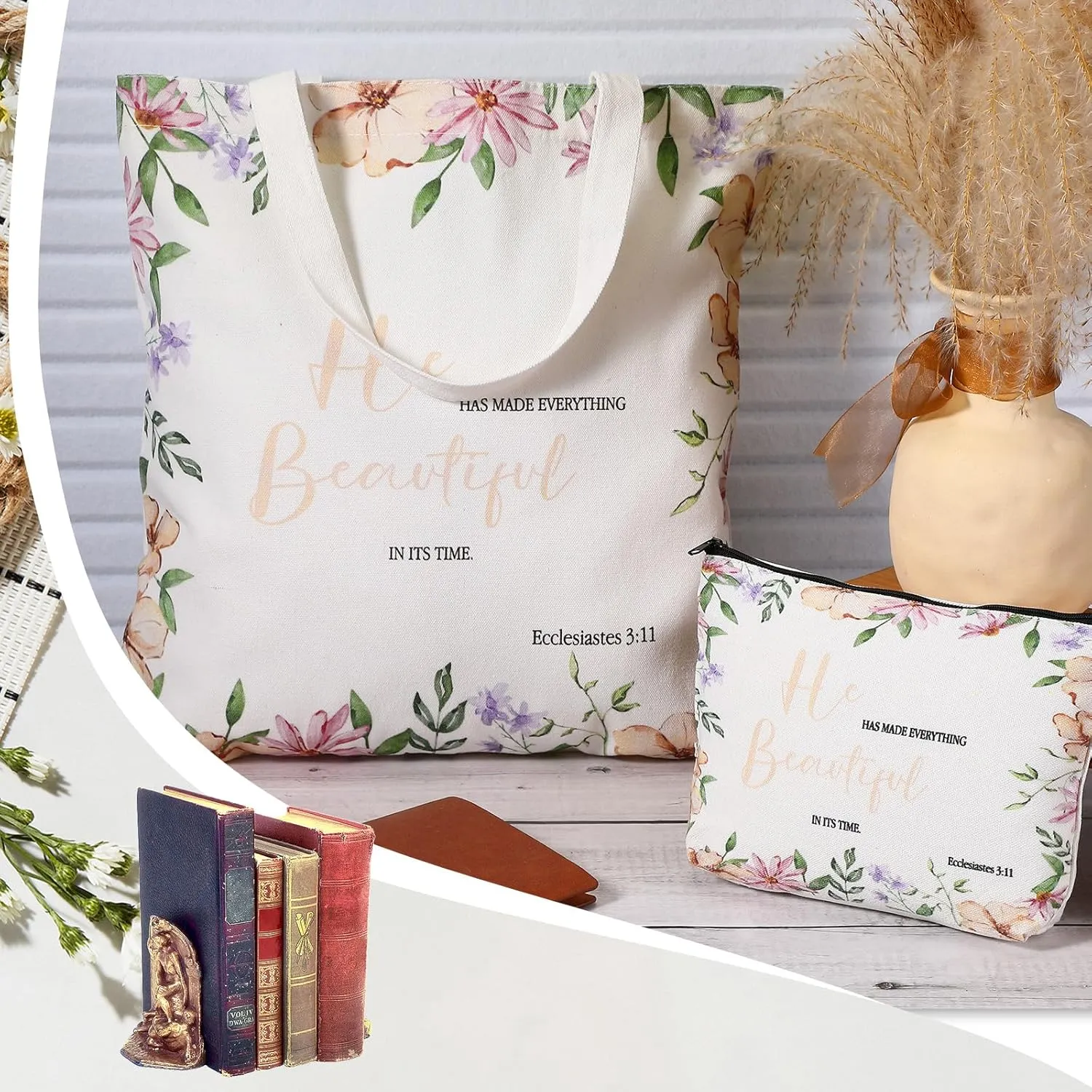 Aliceset 12 Pcs Christian Gift for Women Mother's Day Including 6 Bible Verse Tote Bags 6 Inspirational Makeup Bags with Zipper Religious Motivational Gifts for Coworkers Church(White,Colorful)