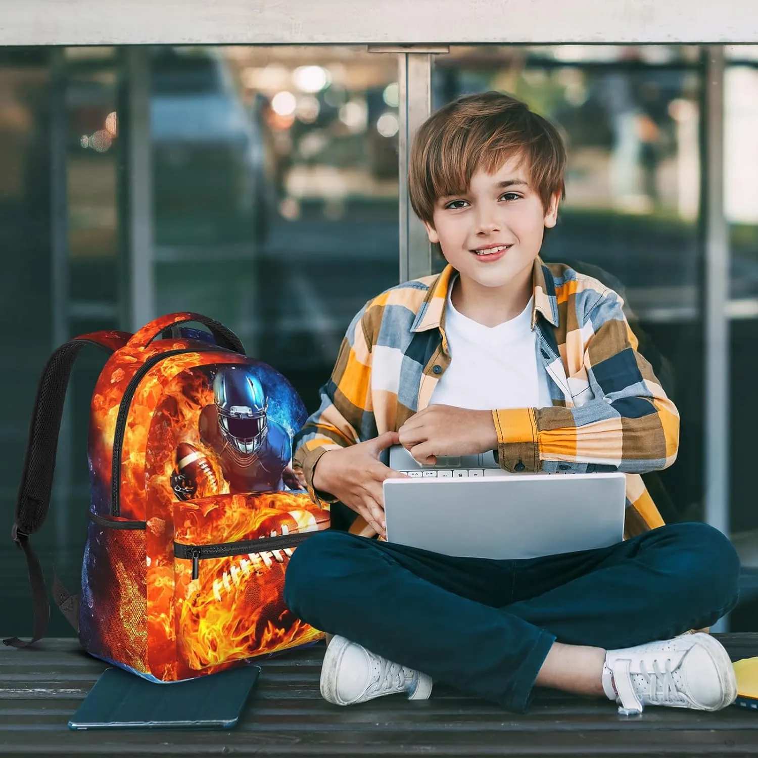 American Football Backpack for Boys Sports Theme School Backpack for Kids Teens Elementary Middle School Football Bookbag Travel Back Pack for Age 6-18