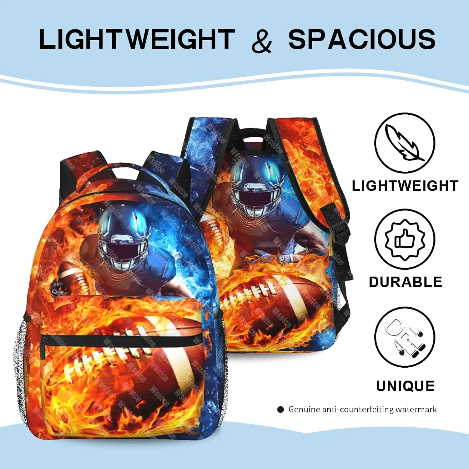 American Football Backpack for Boys Sports Theme School Backpack for Kids Teens Elementary Middle School Football Bookbag Travel Back Pack for Age 6-18