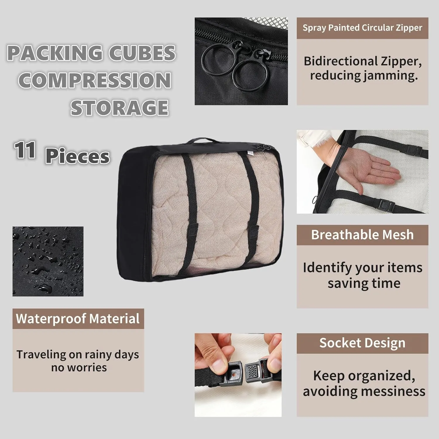 Aovdy Compression Packing Cubes for Travel Black Beige Luggage Organizers Bags 11set Clothing Classification Storage Bag(Black, 11 Pieces)