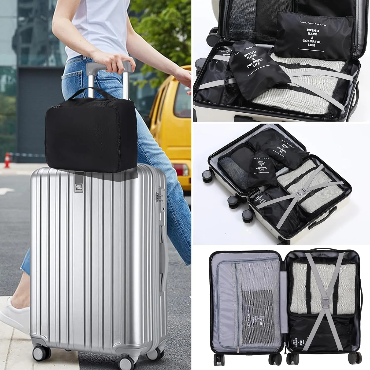 Aovdy Compression Packing Cubes for Travel Black Beige Luggage Organizers Bags 11set Clothing Classification Storage Bag(Black, 11 Pieces)