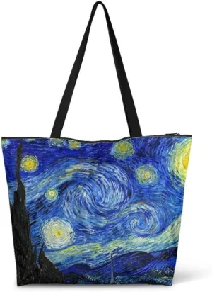 Art Lover Zippered Tote Bag Waterproof Large Work Tote Bags, Van Gogh Artwork Women's Purse Handbags Travel Totes