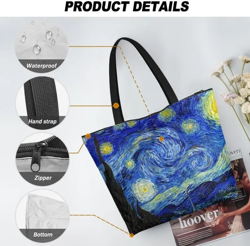 Art Lover Zippered Tote Bag Waterproof Large Work Tote Bags, Van Gogh Artwork Women's Purse Handbags Travel Totes