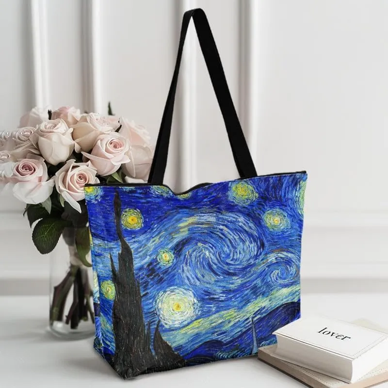 Art Lover Zippered Tote Bag Waterproof Large Work Tote Bags, Van Gogh Artwork Women's Purse Handbags Travel Totes