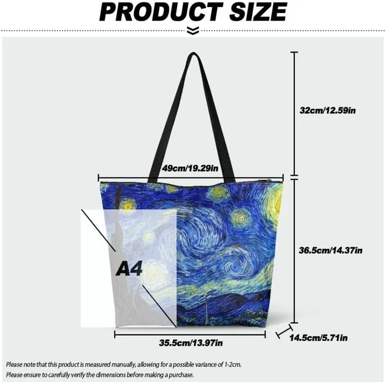 Art Lover Zippered Tote Bag Waterproof Large Work Tote Bags, Van Gogh Artwork Women's Purse Handbags Travel Totes