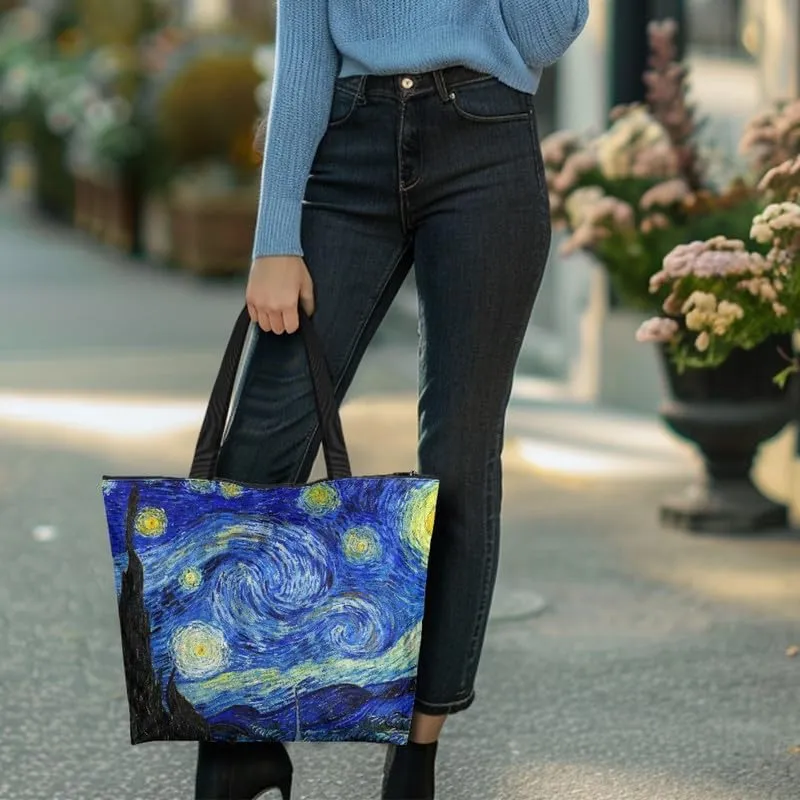 Art Lover Zippered Tote Bag Waterproof Large Work Tote Bags, Van Gogh Artwork Women's Purse Handbags Travel Totes
