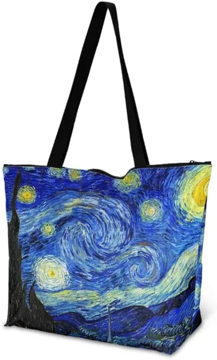 Art Lover Zippered Tote Bag Waterproof Large Work Tote Bags, Van Gogh Artwork Women's Purse Handbags Travel Totes