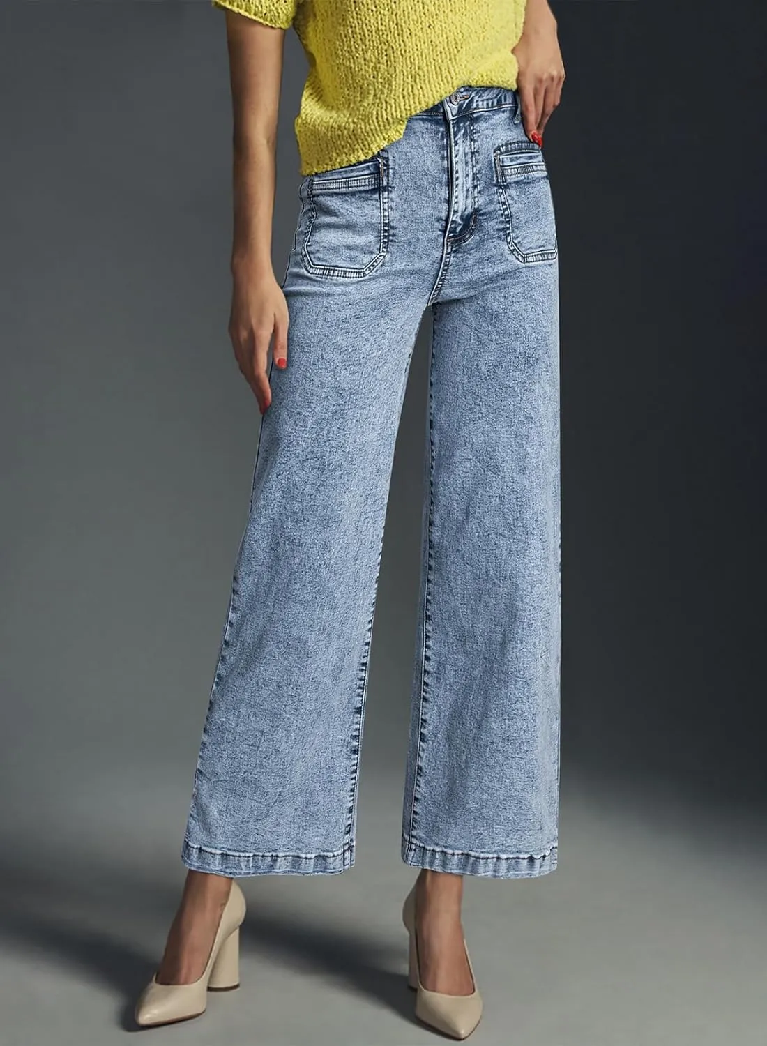 Astylish Womens Jeans Wide Leg High Waisted Stretchy Straight Leg Jeans Trendy Ankle Denim Pants with Patch Pocket