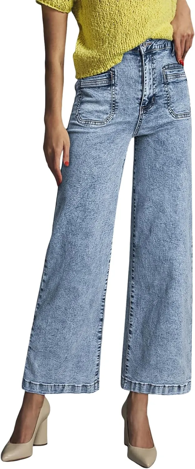 Astylish Womens Jeans Wide Leg High Waisted Stretchy Straight Leg Jeans Trendy Ankle Denim Pants with Patch Pocket