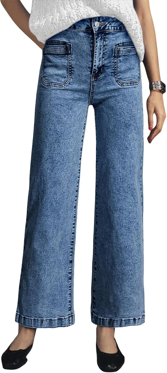 Astylish Womens Jeans Wide Leg High Waisted Stretchy Straight Leg Jeans Trendy Ankle Denim Pants with Patch Pocket