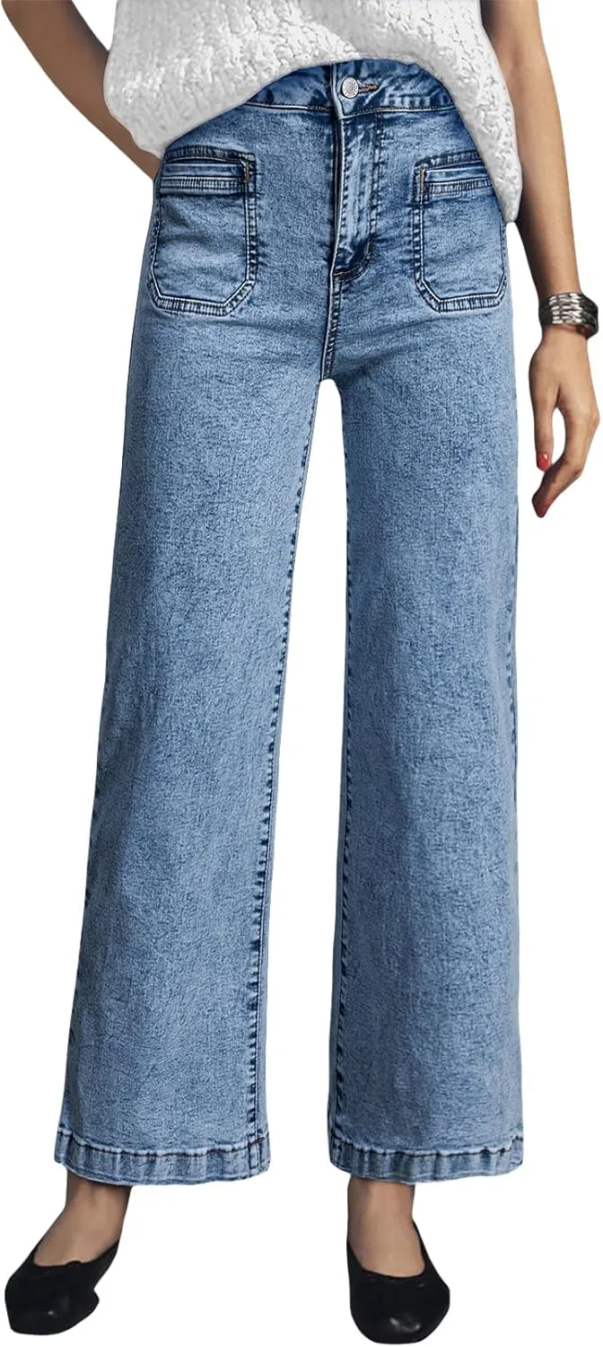 Astylish Womens Jeans Wide Leg High Waisted Stretchy Straight Leg Jeans Trendy Ankle Denim Pants with Patch Pocket