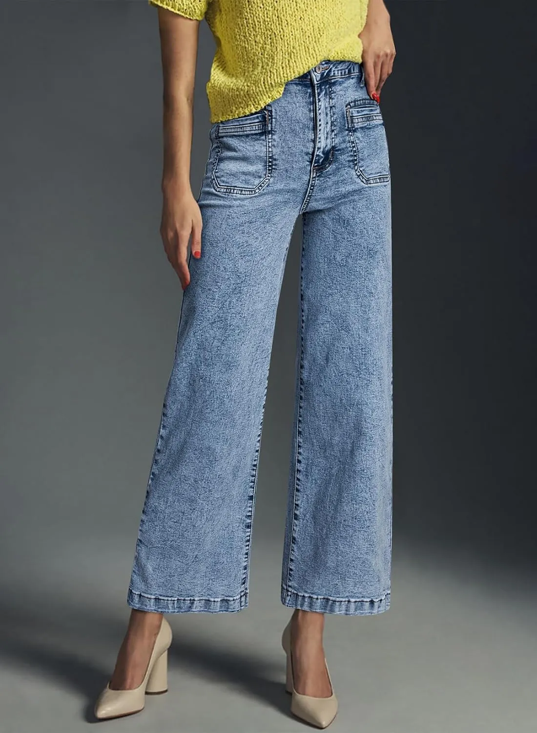 Astylish Womens Jeans Wide Leg High Waisted Stretchy Straight Leg Jeans Trendy Ankle Denim Pants with Patch Pocket