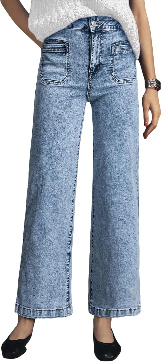 Astylish Womens Jeans Wide Leg High Waisted Stretchy Straight Leg Jeans Trendy Ankle Denim Pants with Patch Pocket