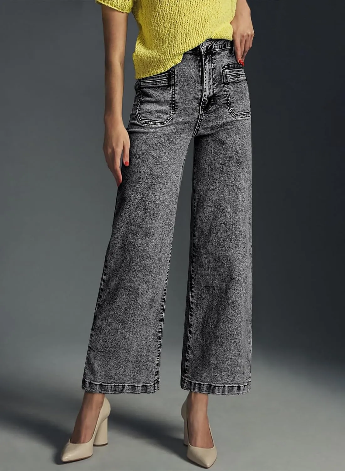 Astylish Womens Jeans Wide Leg High Waisted Stretchy Straight Leg Jeans Trendy Ankle Denim Pants with Patch Pocket