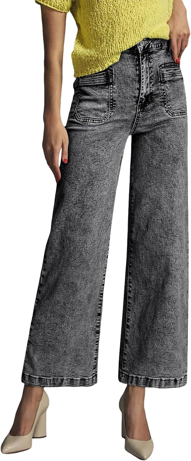 Astylish Womens Jeans Wide Leg High Waisted Stretchy Straight Leg Jeans Trendy Ankle Denim Pants with Patch Pocket
