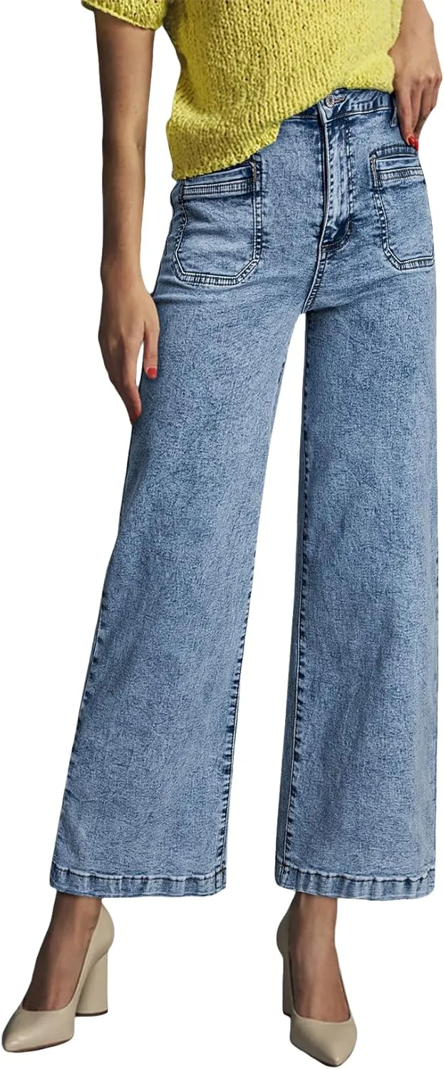 Astylish Womens Jeans Wide Leg High Waisted Stretchy Straight Leg Jeans Trendy Ankle Denim Pants with Patch Pocket