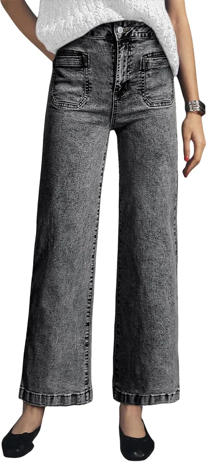Astylish Womens Jeans Wide Leg High Waisted Stretchy Straight Leg Jeans Trendy Ankle Denim Pants with Patch Pocket