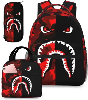 Backpack Shark Teeth Camo Backpacks Set with Lunch Box Pencil Case Travel Laptop Daypack Big Capacity Bookbag Fashion Durable Back Pack StyleXI