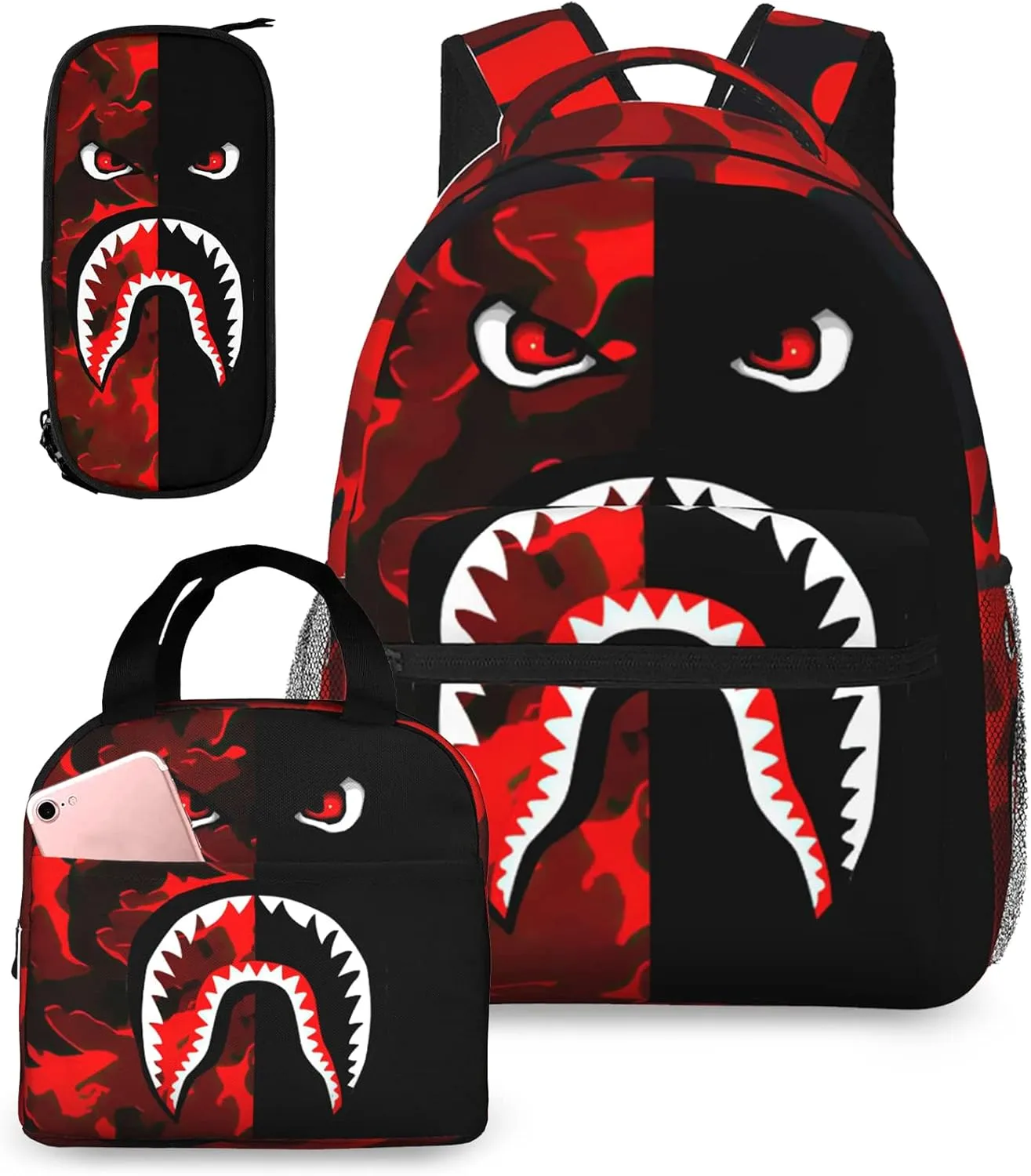 Backpack Shark Teeth Camo Backpacks Set with Lunch Box Pencil Case Travel Laptop Daypack Big Capacity Bookbag Fashion Durable Back Pack StyleXI